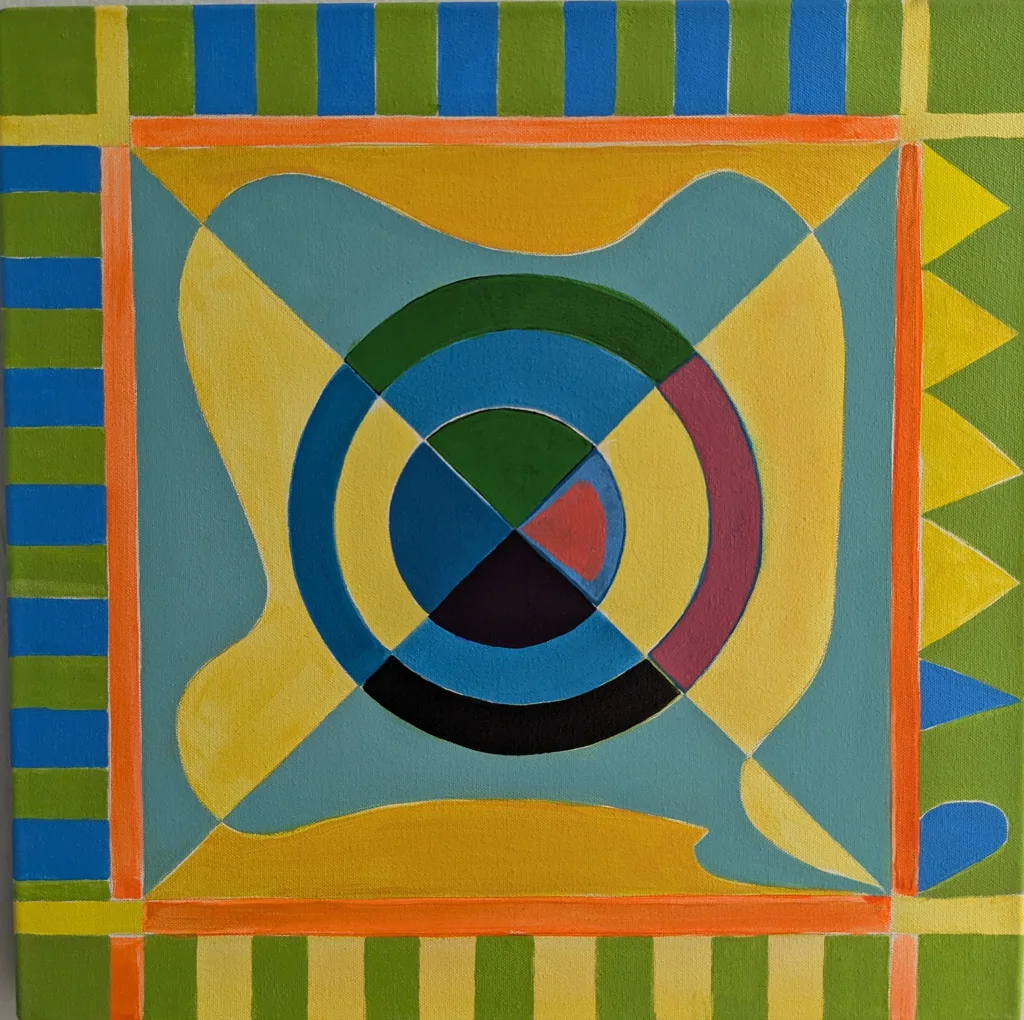 The center of this piece is a ringed circle divided into quadrants of color — dark green, royal blue, maroon, black,