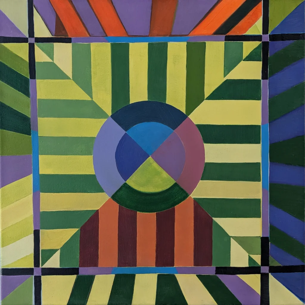Stripes dominate this canvas. A central square of alternating green and yellow bands runs vertical at the top and