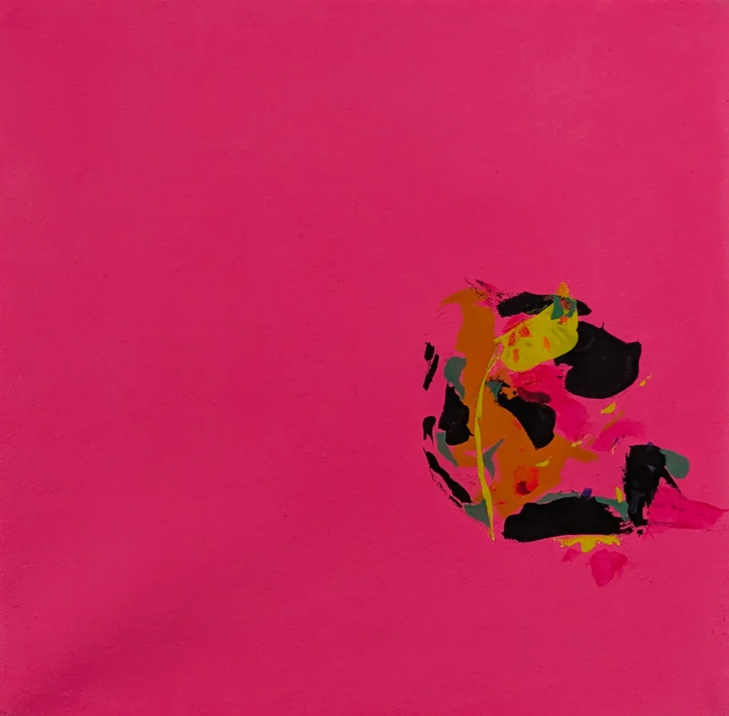 A flat hot-pink field fills the canvas, broken only by a small burst of gesture right of center — black, orange, and