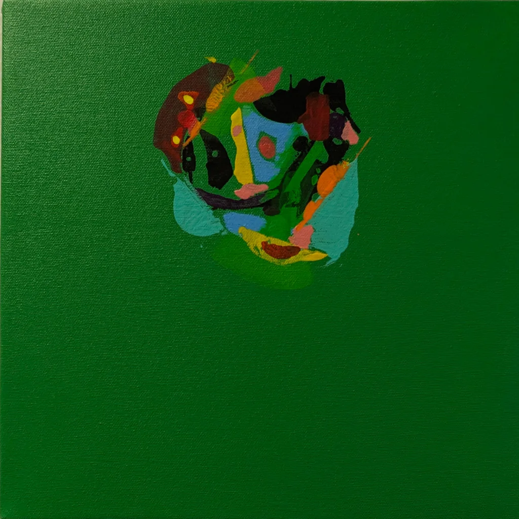 A deep, even green covers this canvas, and near the top sits one dense knot of color — a rough circular mass of blue,
