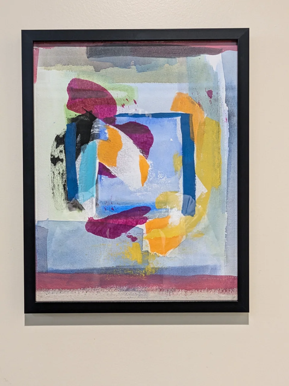 A black frame holds a light, washed composition with a loose grid at its center. Blue bars form an open rectangle in