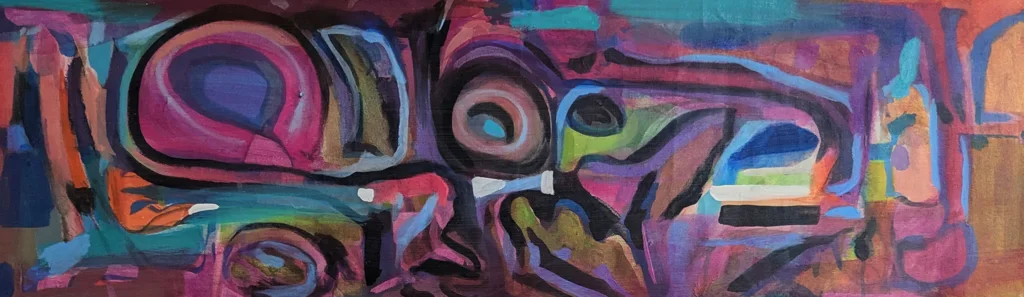 A long, low painting that reads like a landscape flattened into pure color. Vibrant Abstract Canvas runs wide, and