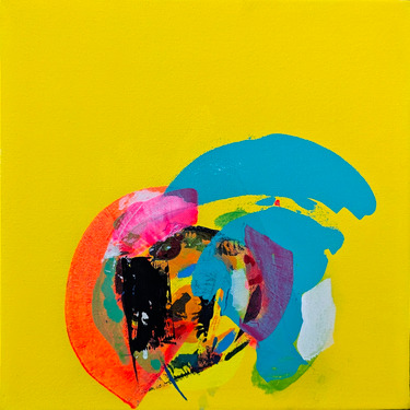 Dream Cloud number one by Jordan Dolman, with layered cyan, orange, pink and black marks on yellow